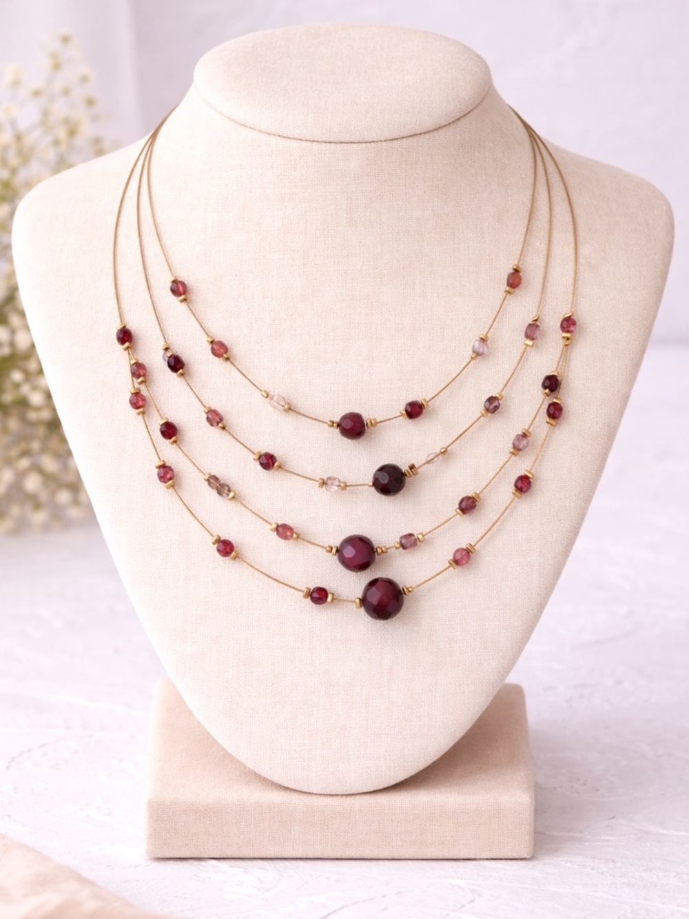 Layered Gold-Tone Burgundy Plum Multi Strand Beaded Statement Necklace